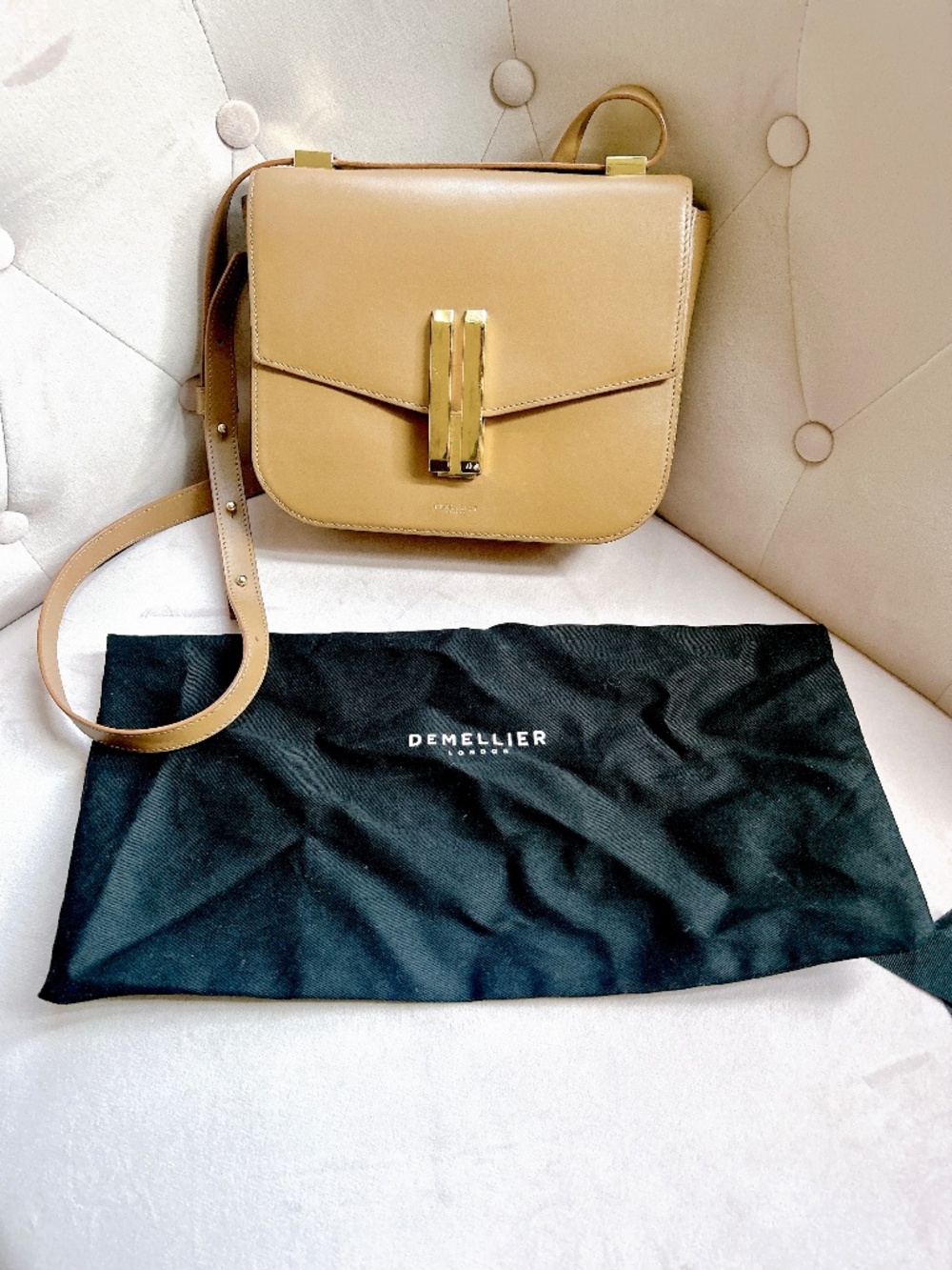 Authentic DeMellier Vancouver leather crossbody bag in caramel brown